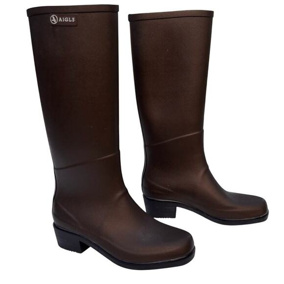 Aigle Shoes - Aigle Miss Juliette Tall Heeled Boot EU Size 38  Waterproof Dk Brown